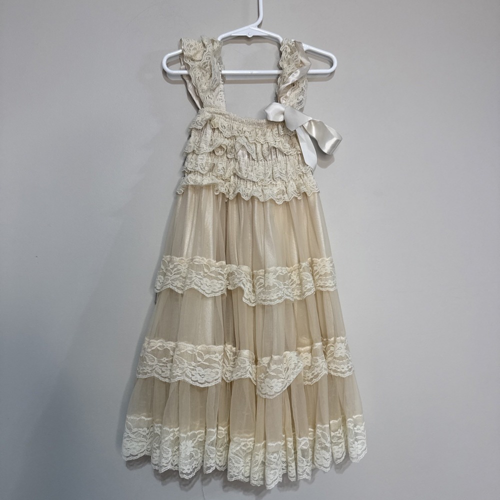 Ever Fairy Ivory Lace Tiered Smock Flutter Sleeve Flower Girl Dress 2T-3T Size M